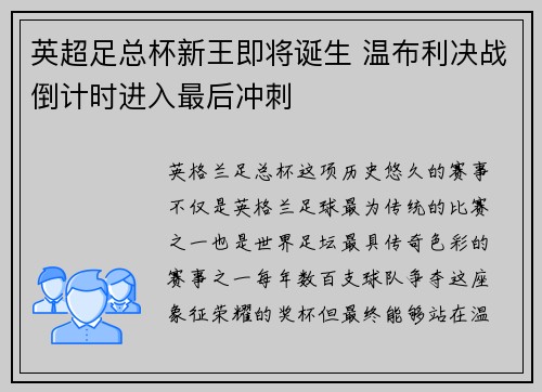 英超足总杯新王即将诞生 温布利决战倒计时进入最后冲刺