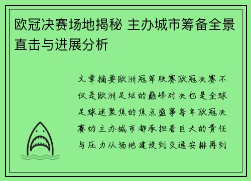 欧冠决赛场地揭秘 主办城市筹备全景直击与进展分析