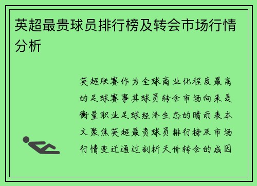 英超最贵球员排行榜及转会市场行情分析