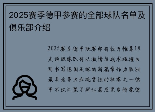 2025赛季德甲参赛的全部球队名单及俱乐部介绍