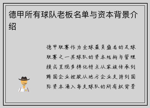 德甲所有球队老板名单与资本背景介绍