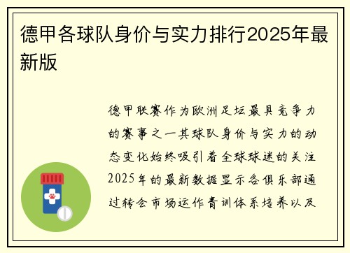 德甲各球队身价与实力排行2025年最新版